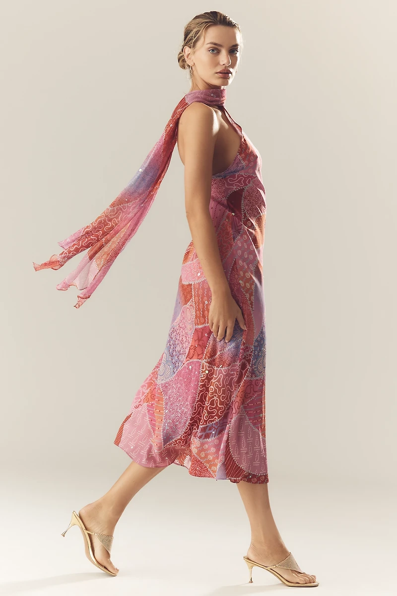RIXO Hayley Silk Halter Maxi Dress With Scarf
