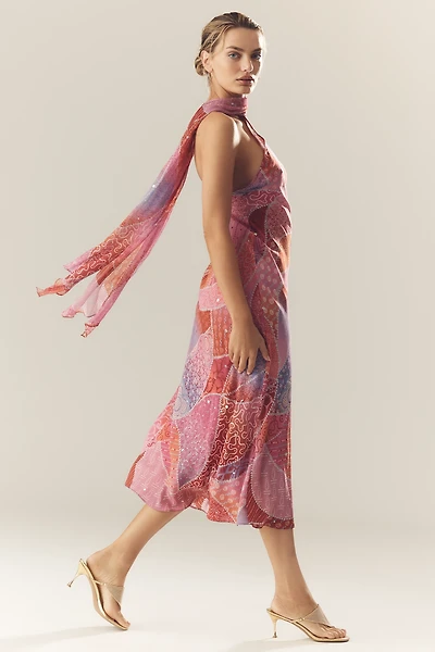 RIXO Hayley Silk Halter Maxi Dress With Scarf