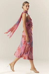 RIXO Hayley Silk Halter Maxi Dress With Scarf