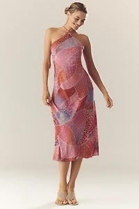 RIXO Hayley Silk Halter Maxi Dress With Scarf