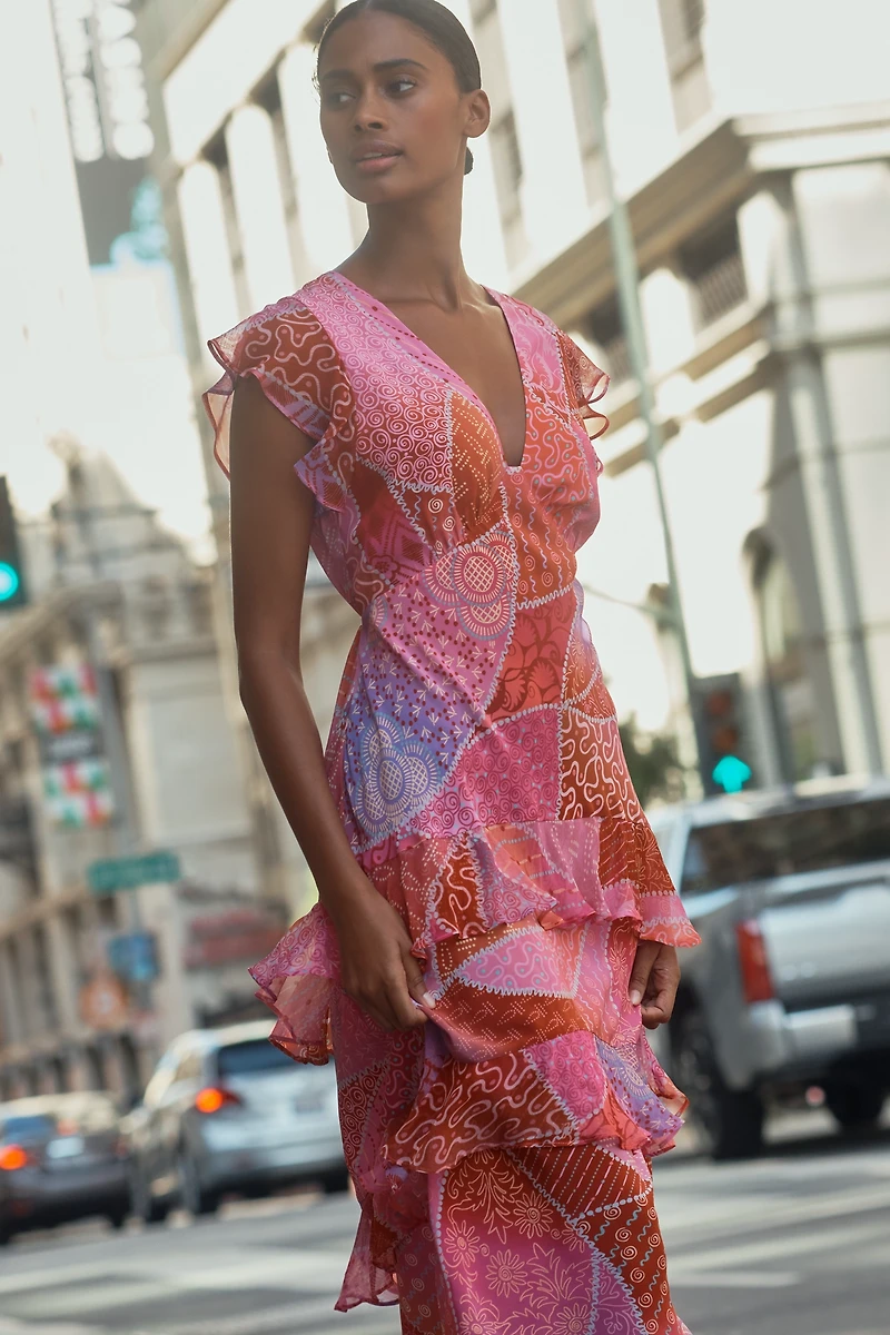 RIXO Meena Petite V-Neck Ruffle Silk Midi Dress