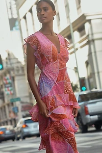 RIXO Meena Petite V-Neck Ruffle Silk Midi Dress