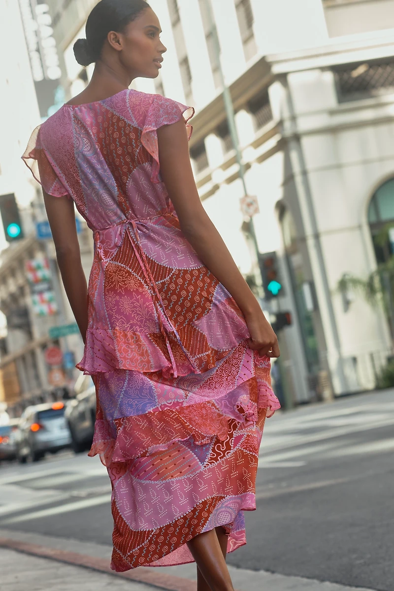 RIXO Meena Petite V-Neck Ruffle Silk Midi Dress