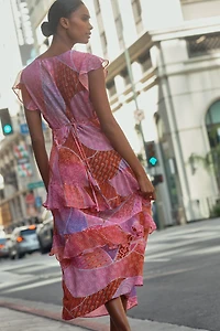 RIXO Meena Petite V-Neck Ruffle Silk Midi Dress