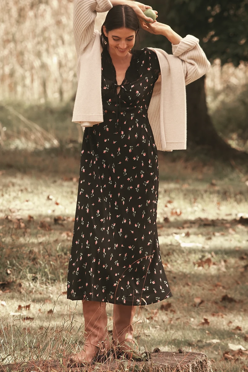RIXO Amari Short-Sleeve V-Neck A-Line Midi Dress