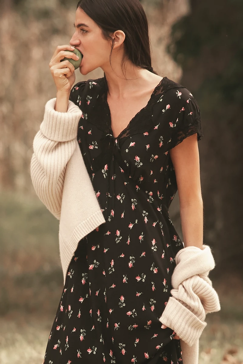 RIXO Amari Short-Sleeve V-Neck A-Line Midi Dress