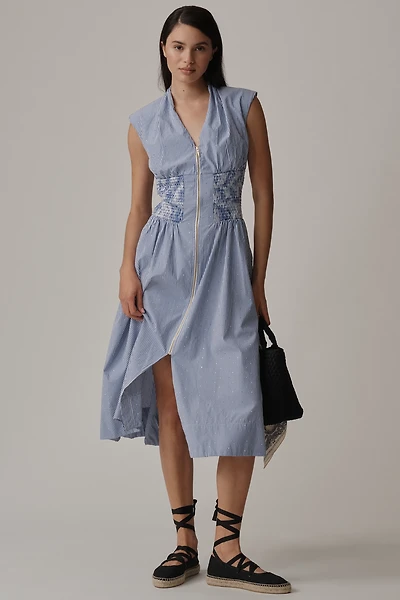The Tommie Cap-Sleeve Smocked Front-Zip Shirt Dress: Shine Edition