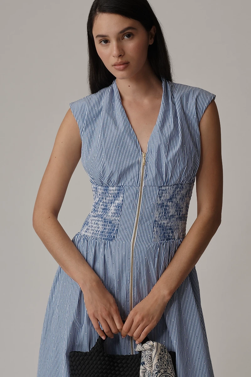 The Tommie Cap-Sleeve Smocked Front-Zip Shirt Dress: Shine Edition