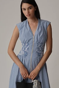 The Tommie Cap-Sleeve Smocked Front-Zip Shirt Dress: Shine Edition