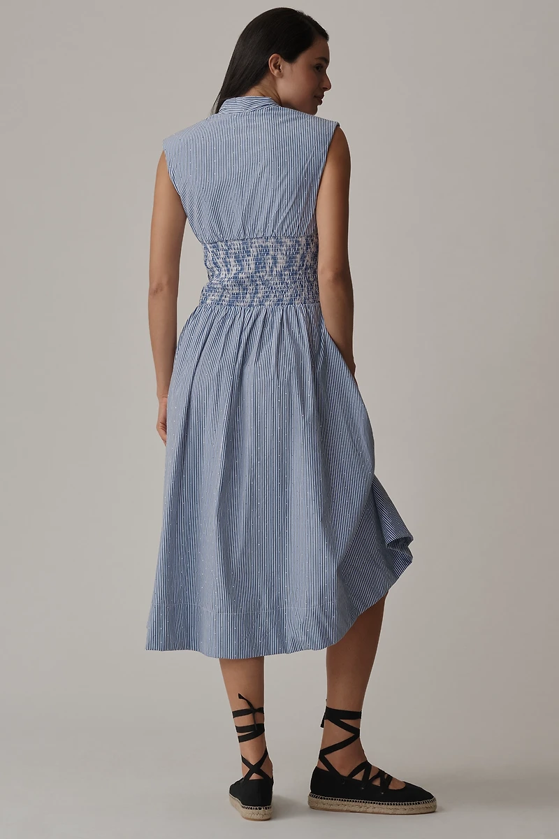 The Tommie Cap-Sleeve Smocked Front-Zip Shirt Dress: Shine Edition