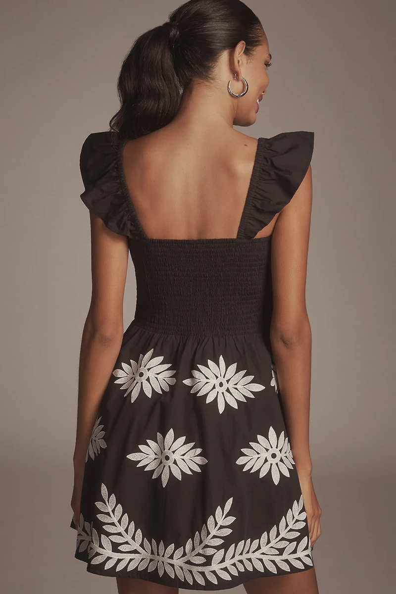 By Anthropologie Ruffle-Strap Embroidered Smocked Mini Dress