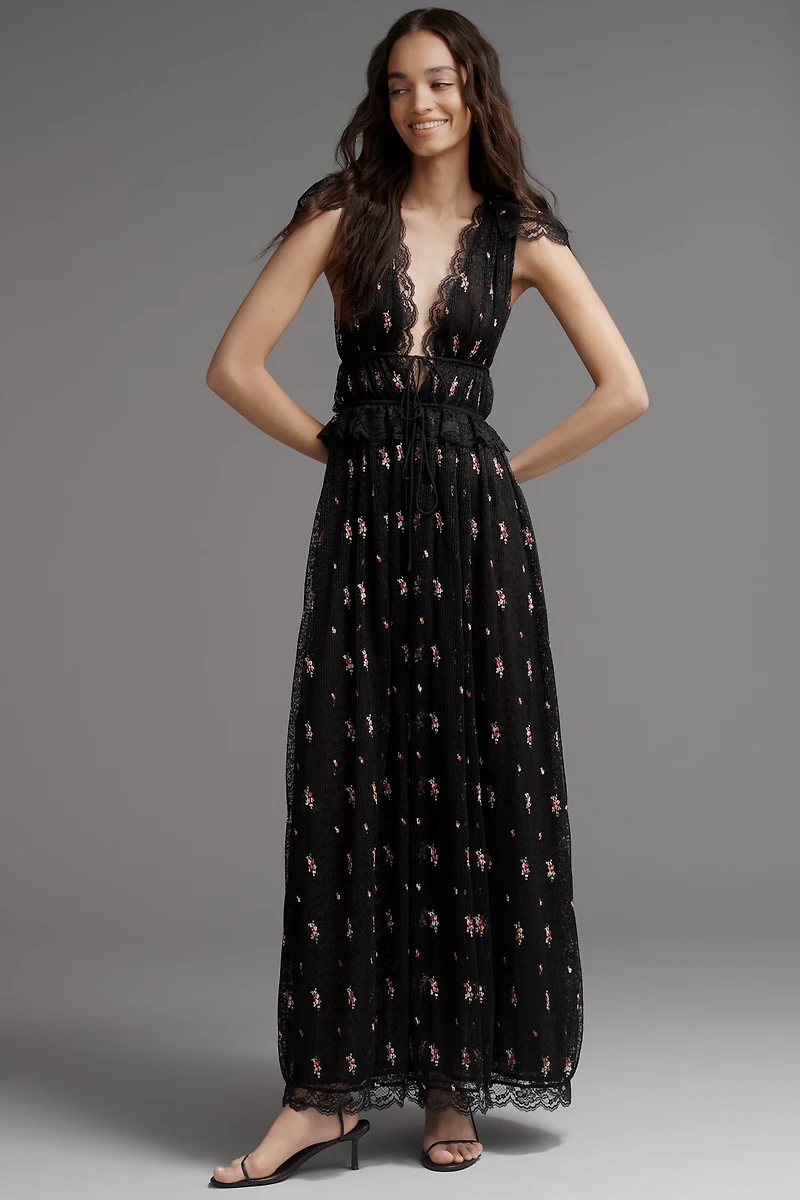 For Love & Lemons Poppy Plunge Lace Maxi Dress