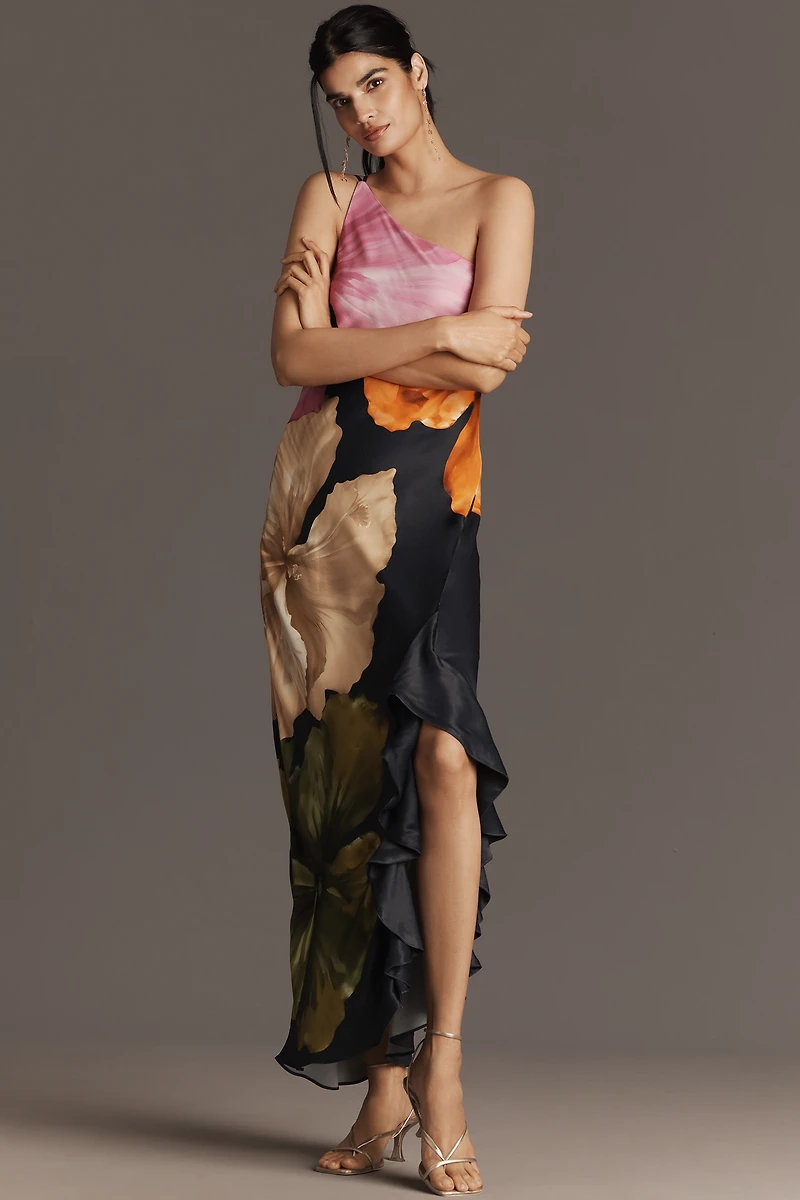 By Anthropologie One-Shoulder Asymmetric Floral Maxi Dress