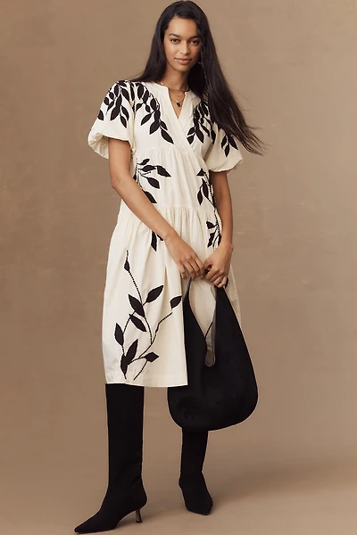 By Anthropologie Short-Sleeve Embroidery Appliqué Maxi Dress