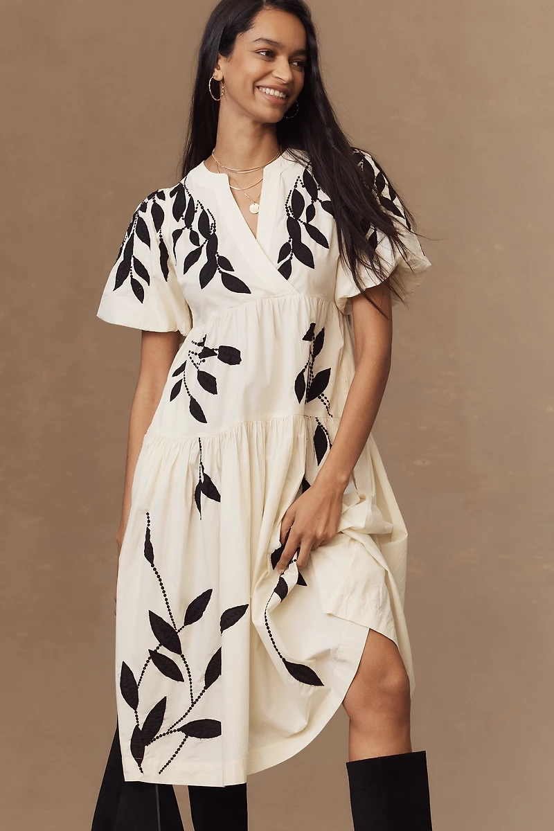 By Anthropologie Short-Sleeve Embroidery Appliqué Maxi Dress