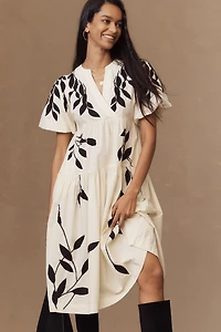 By Anthropologie Short-Sleeve Embroidery Appliqué Maxi Dress
