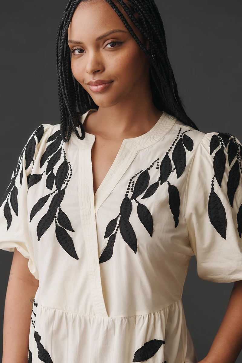 By Anthropologie Short-Sleeve Embroidery Appliqué Maxi Dress
