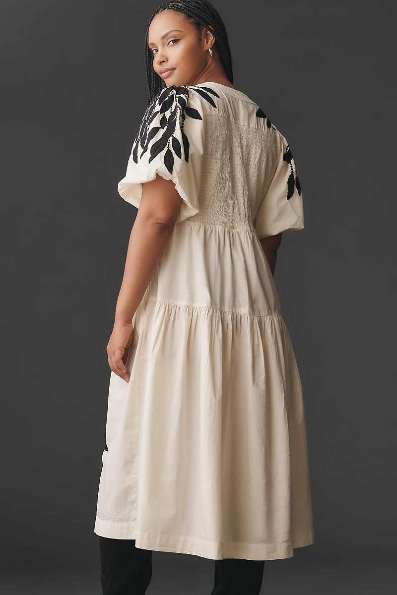 By Anthropologie Short-Sleeve Embroidery Appliqué Maxi Dress