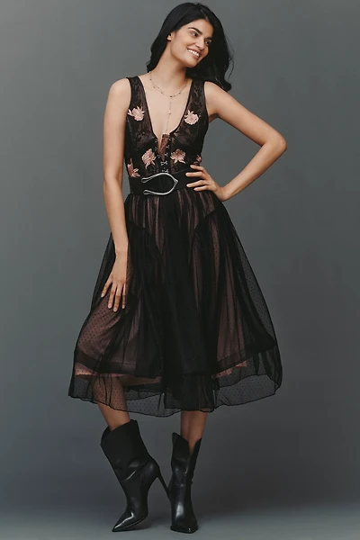 By Anthropologie Corset Lace Tulle Midi Dress