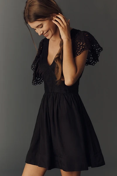 By Anthropologie Eyelet Flutter-Sleeve V-Neck Mini Dress