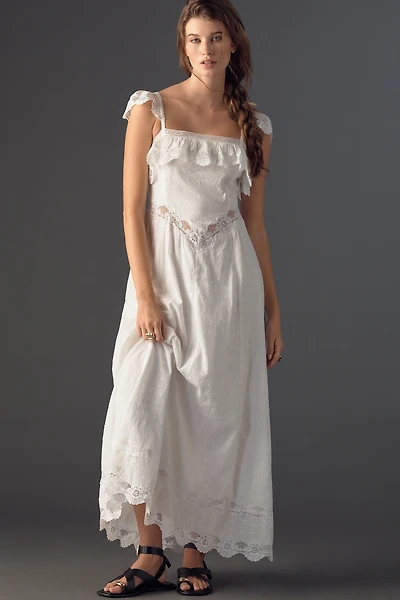 RAHI Ruffle Lace Flutter-Sleeve Cotton Maxi Dress