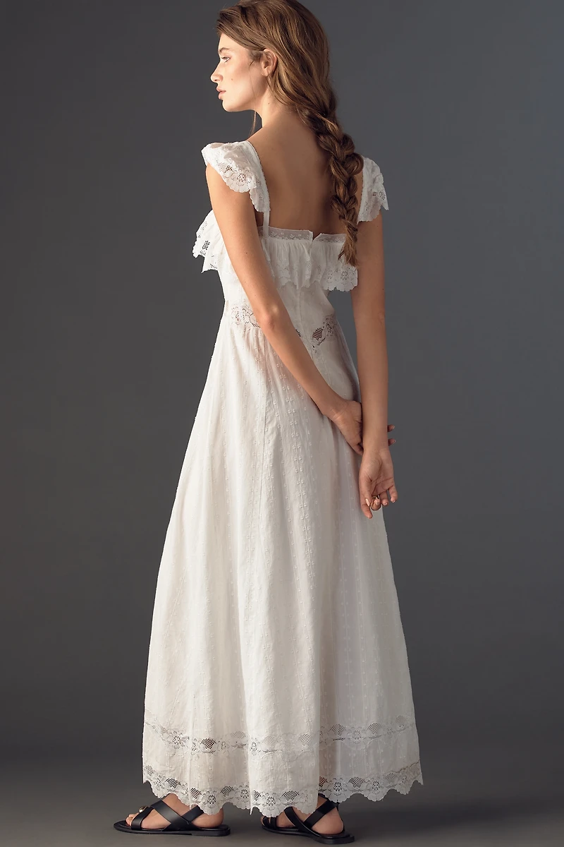 RAHI Ruffle Lace Flutter-Sleeve Cotton Maxi Dress