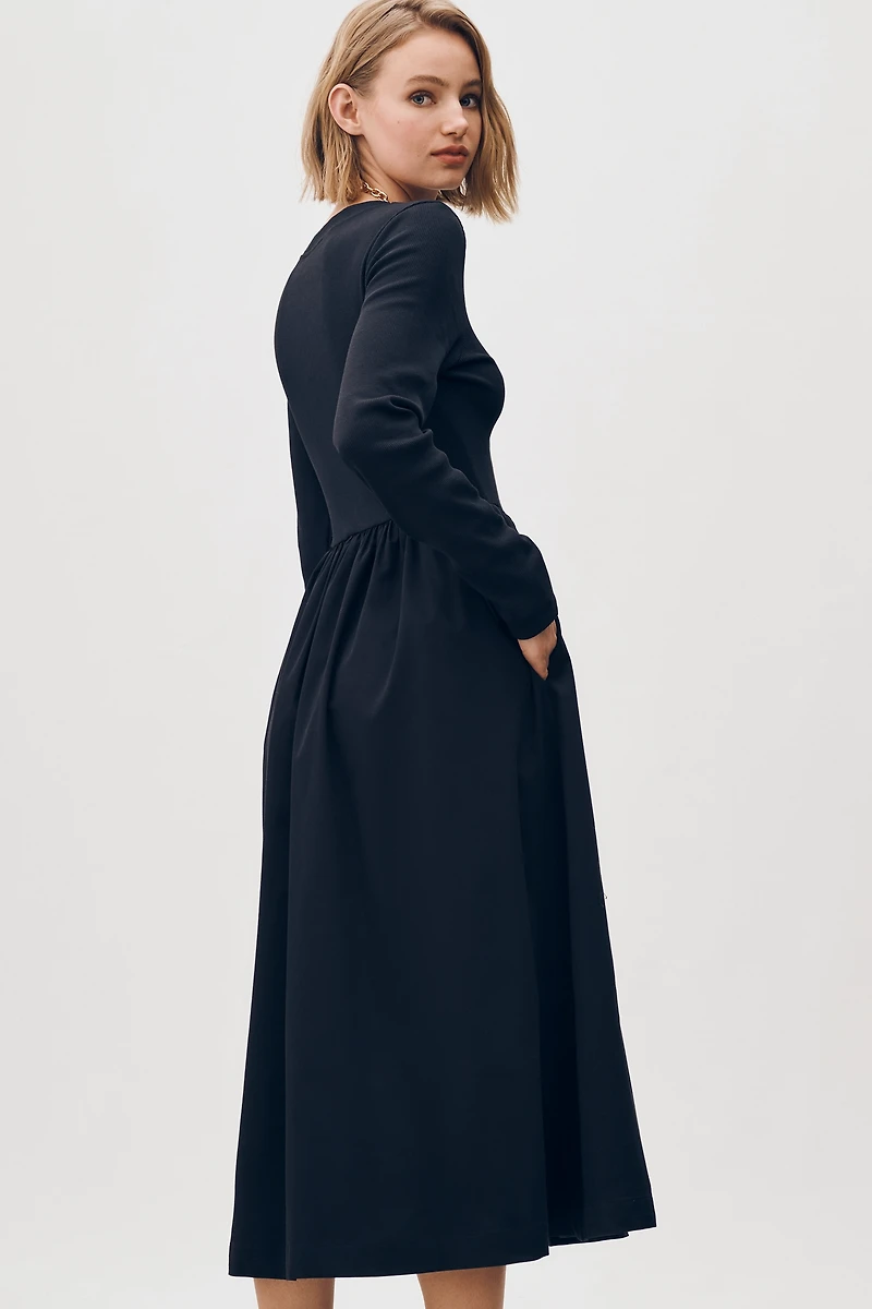 Maeve Long-Sleeve Twofer Cardigan Midi Dress