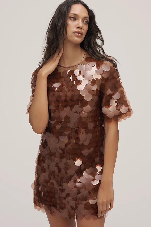 knee length dresses for ladies By Anthropologie Sequin Drape-Back Mini Dress  katie + hubbell