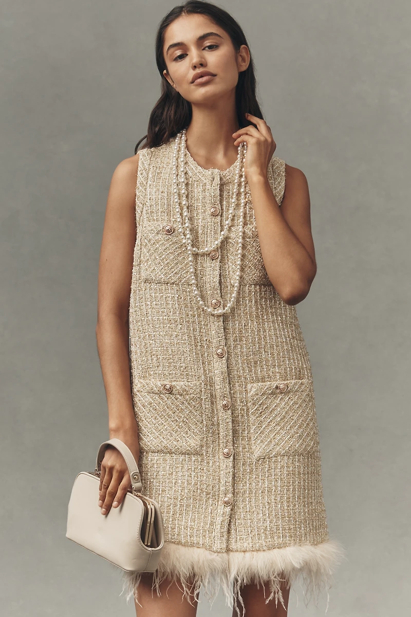 Saylor Sleeveless Tweed Faux-Feather Mini Dress