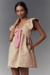 Endless Rose Ruffle-Sleeve V-Neck Babydoll Jacquard Mini Dress