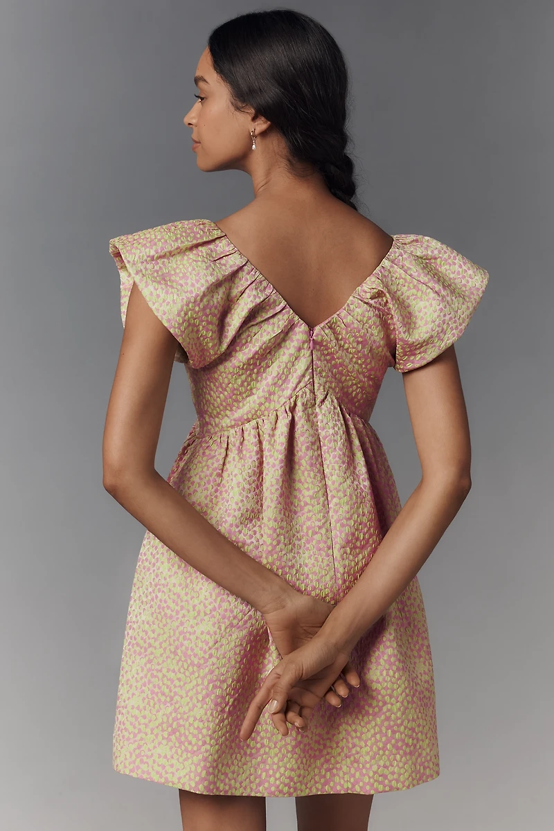Endless Rose Ruffle-Sleeve V-Neck Babydoll Jacquard Mini Dress