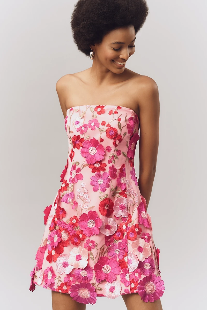 Endless Rose Strapless Flower Appliqué Mini Dress