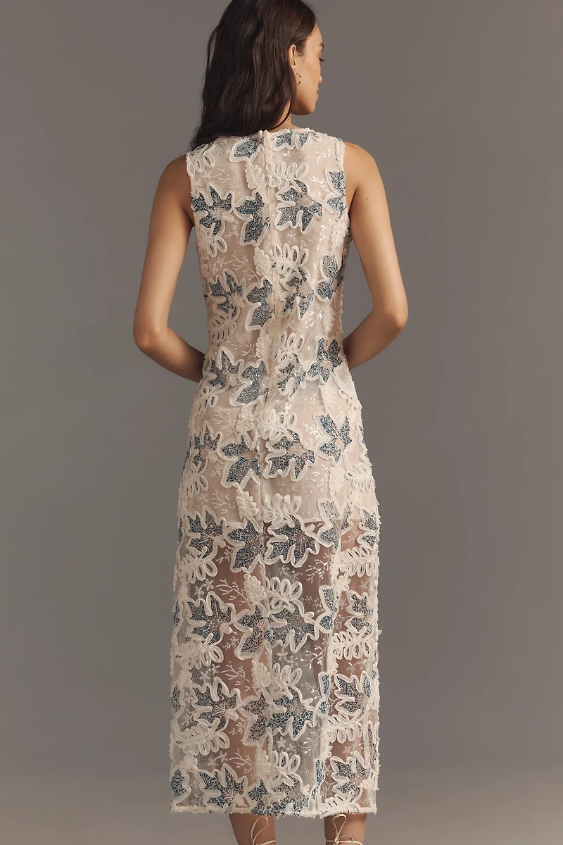 Endless Rose Sleeveless Appliqué Sheer Midi Dress