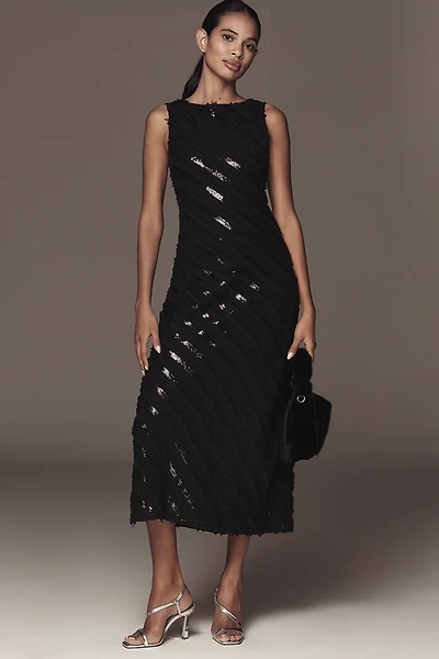 Endless Rose Boat-Neck Textured Slim Midi Dress