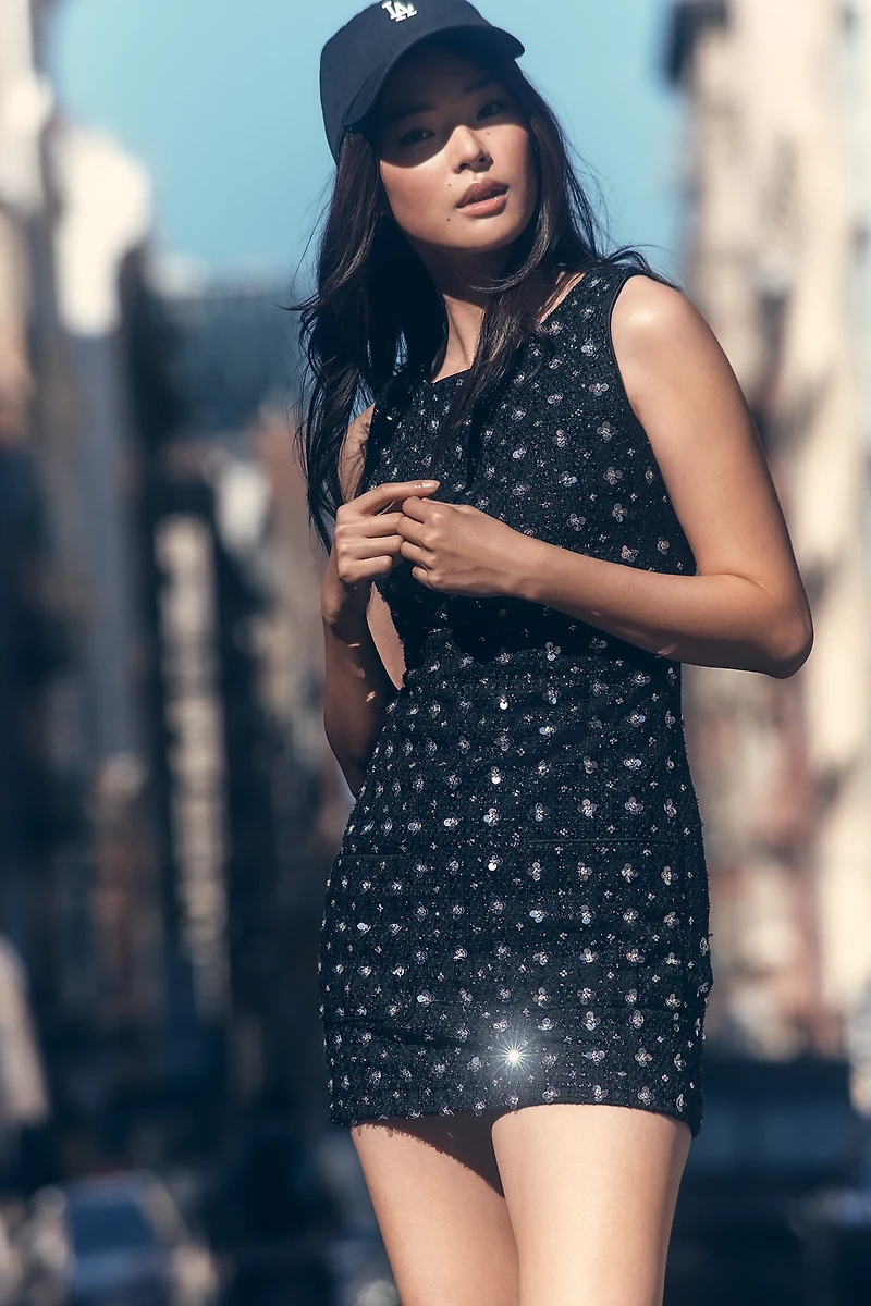 Endless Rose Sleeveless Embellished Tweed Mini Dress