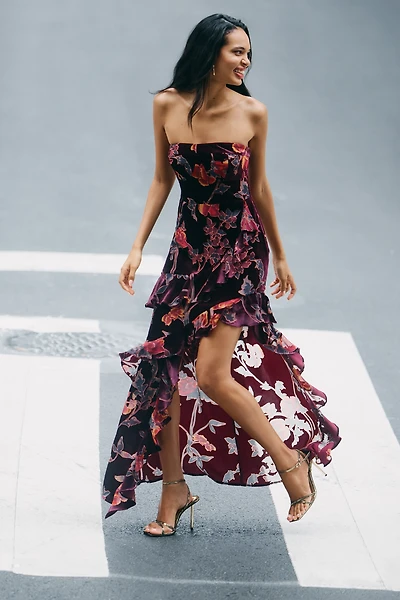 Endless Rose Strapless Ruffled Velvet High-Low Dress