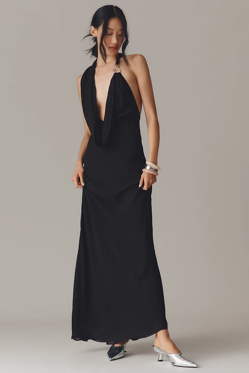 MISHA Cascada Halter Hardware Draped Maxi Dress