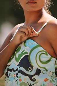 De Loreta Petite Festivo Strapless Printed Flounce Midi Dress