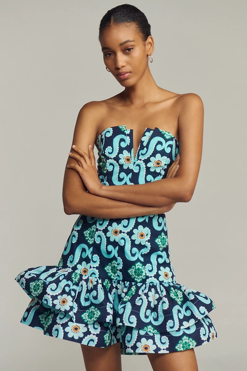 De Loreta Festivo Strapless Printed Flounce Mini Dress