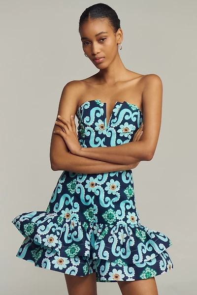 De Loreta Festivo Strapless Printed Flounce Mini Dress