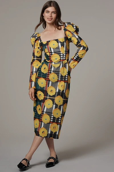 De Loreta Amanda Puff-Sleeve Square-Neck Midi Dress