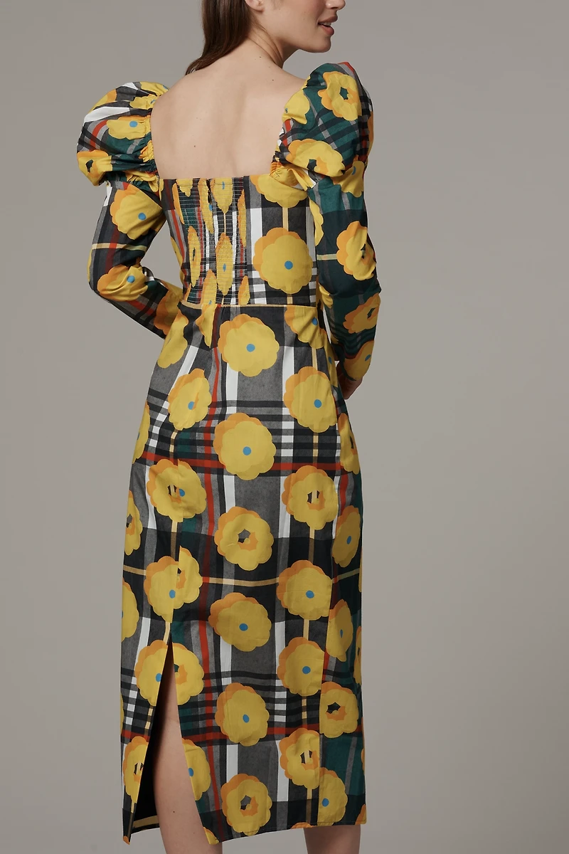 De Loreta Amanda Puff-Sleeve Square-Neck Midi Dress