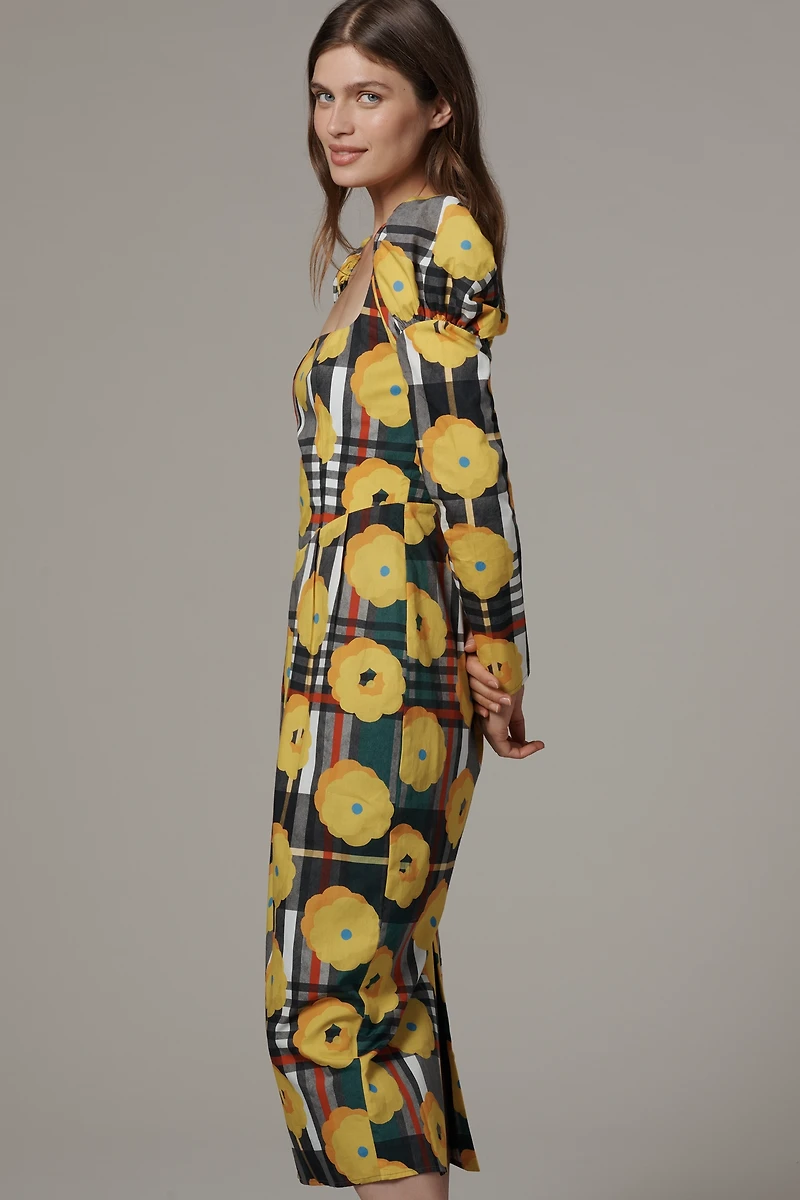 De Loreta Amanda Puff-Sleeve Square-Neck Midi Dress