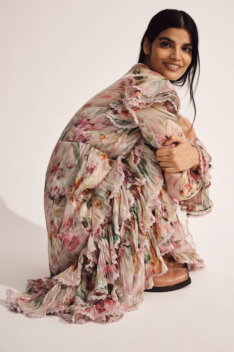 Mac Duggal Floral Chiffon Tie-Neck Tiered Midi Dress