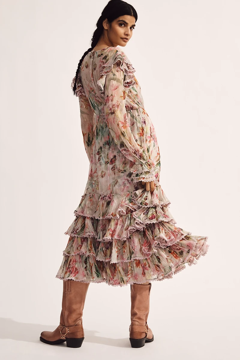 Mac Duggal Floral Chiffon Tie-Neck Tiered Midi Dress