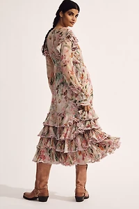 Mac Duggal Floral Chiffon Tie-Neck Tiered Midi Dress