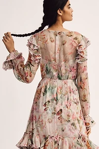 Mac Duggal Floral Chiffon Tie-Neck Tiered Midi Dress