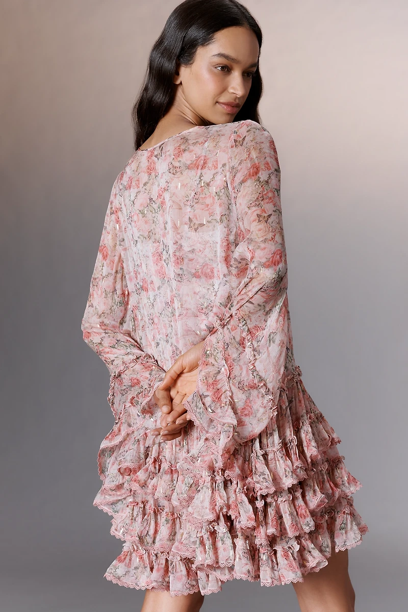 Mac Duggal Long-Sleeve Ruffled Tie-Neck Mini Dress