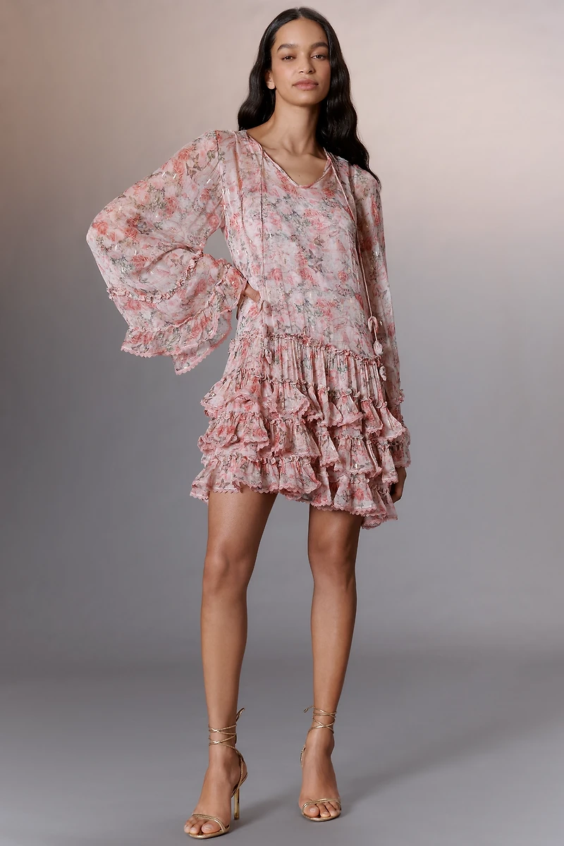 Mac Duggal Long-Sleeve Ruffled Tie-Neck Mini Dress