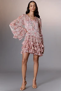 Mac Duggal Long-Sleeve Ruffled Tie-Neck Mini Dress